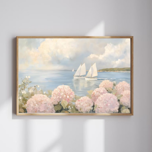 Cuadro Decorativo costero con veleros y hortensias rosas