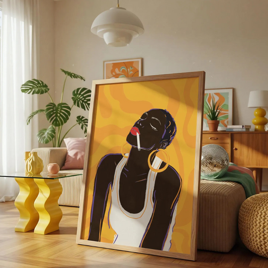 Cuadro retrato de  mujer afro fumando
