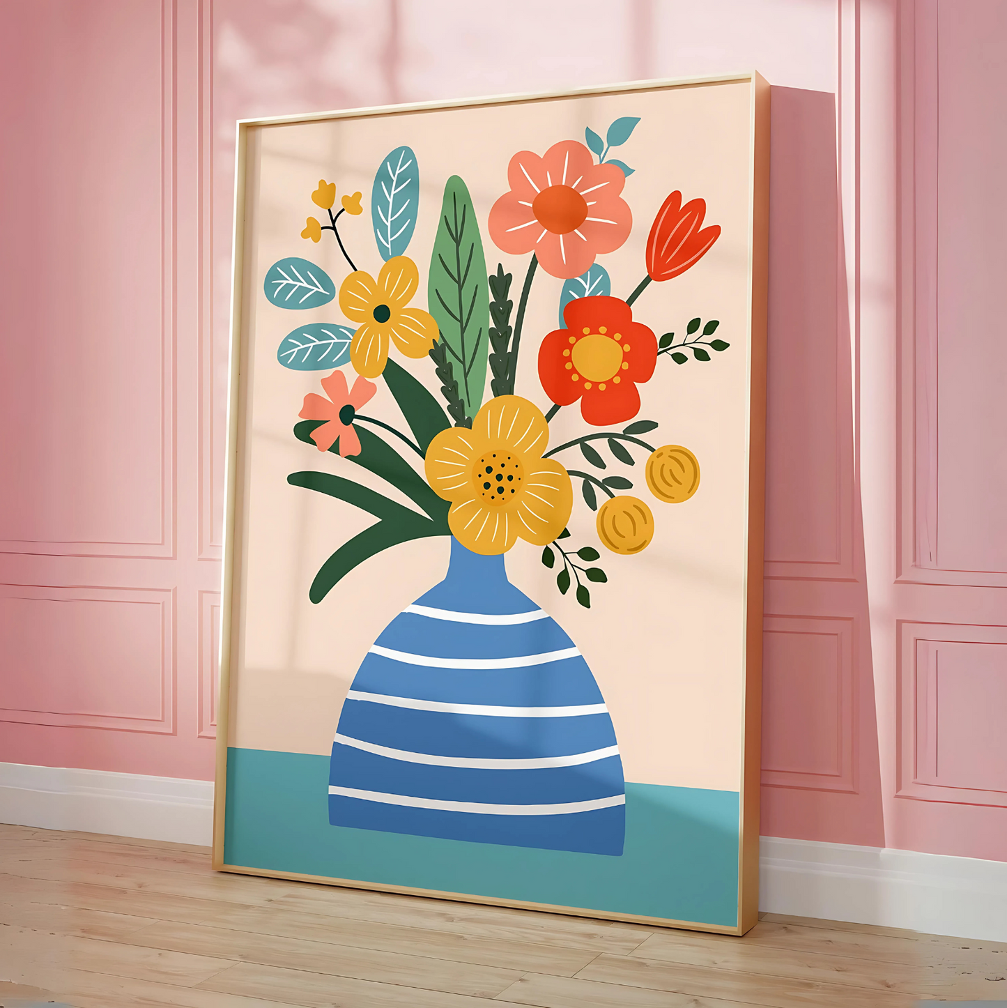 Cuadro Decorativo Botánico Florero Azul Rayado