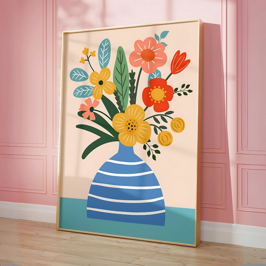 Cuadro Decorativo Botánico Florero Azul Rayado