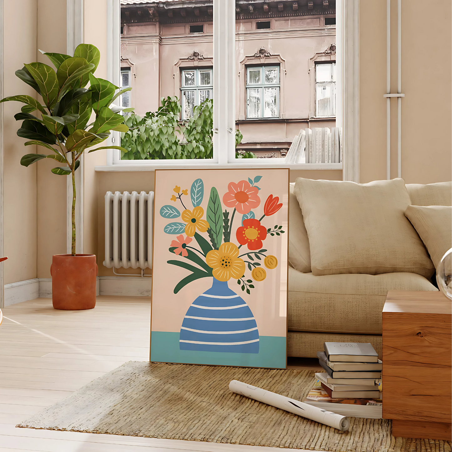 Cuadro Decorativo Botánico Florero Azul Rayado