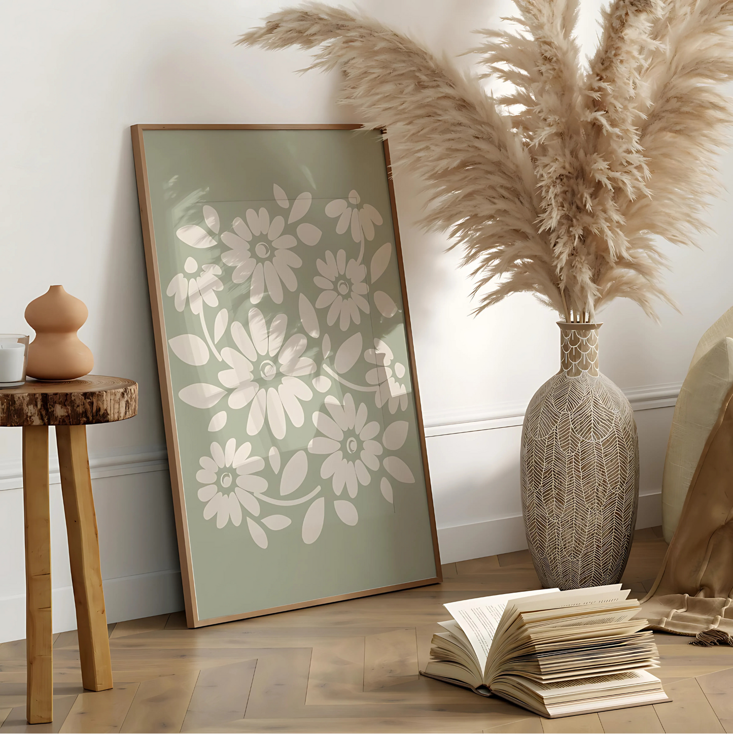 Cuadro Decorativo Botánico Flores Fondo Verde