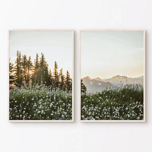 Set x2 Cuadros Decorativos Paisajes Montaña, Pinos Y Pradera Floreada