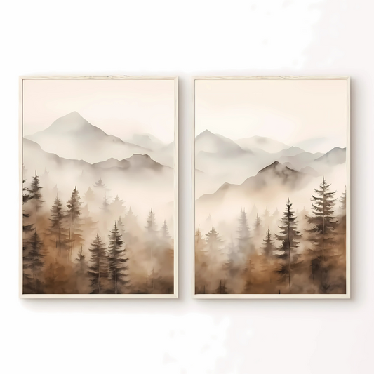 Set x2 Cuadros Decorativos Paisajes Bosque, Pinos Y Montaña Con Neblina