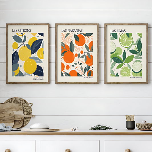 Set x3 Cuadros Decorativo Abstracto Cítricos Limón, Naranja Y Lima