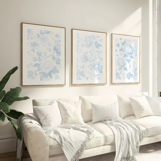 Set x3 Cuadros Decorativos Botánicos Flores En Azul Y Blanco