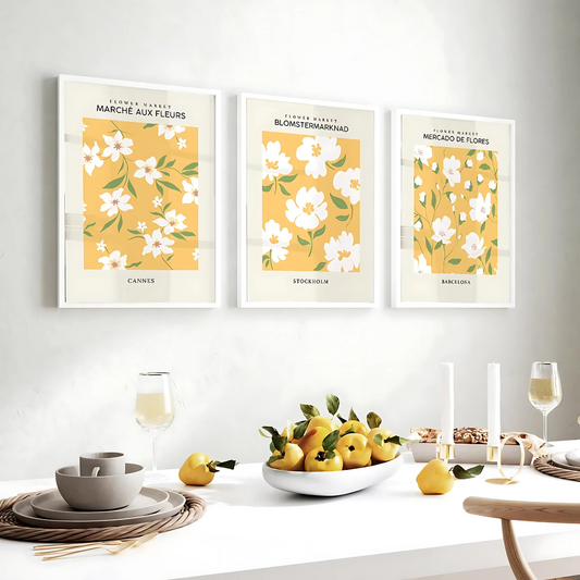 Set x3 Cuadros Decorativos Botánicos Flores Blancas De Tallo Verde Con Fondo Amarillo