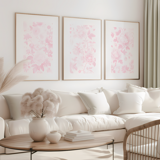 Set x3 Cuadros Decorativos Botánicos Flores Rosa Pastel Fondo Blanco
