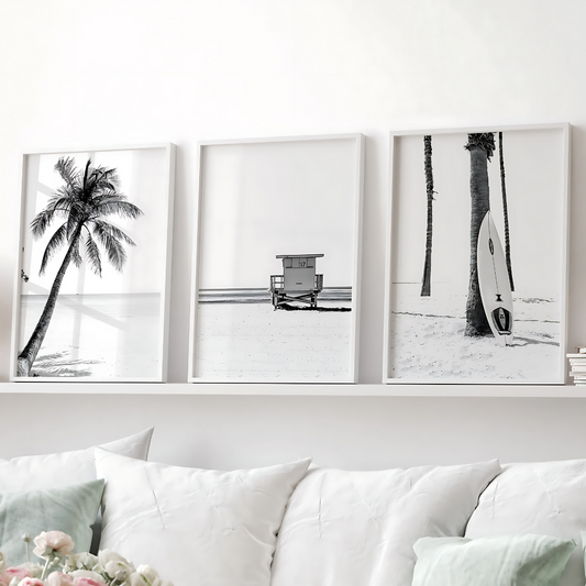 Set x3 Cuadros Decorativos Playa, Palmera, Tabla De Surf y Cabaña (B Y N)