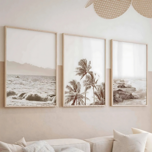 Set x3 Cuadros Decorativos Paisaje Playa, Océano, Piedras Y Palmeras