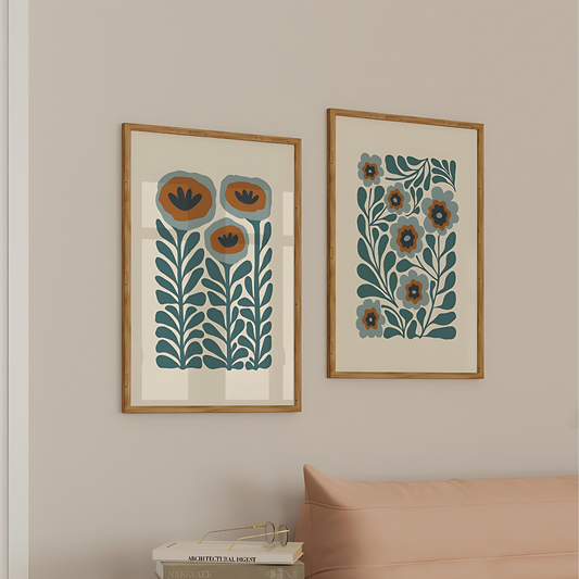 Set x 2 Cuadros Decorativo Abstracto Flores Colores Tallo Verdes
