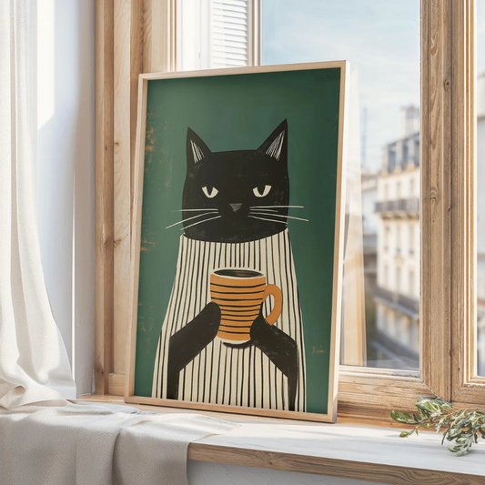 Cuadro gato negro relajándose con café