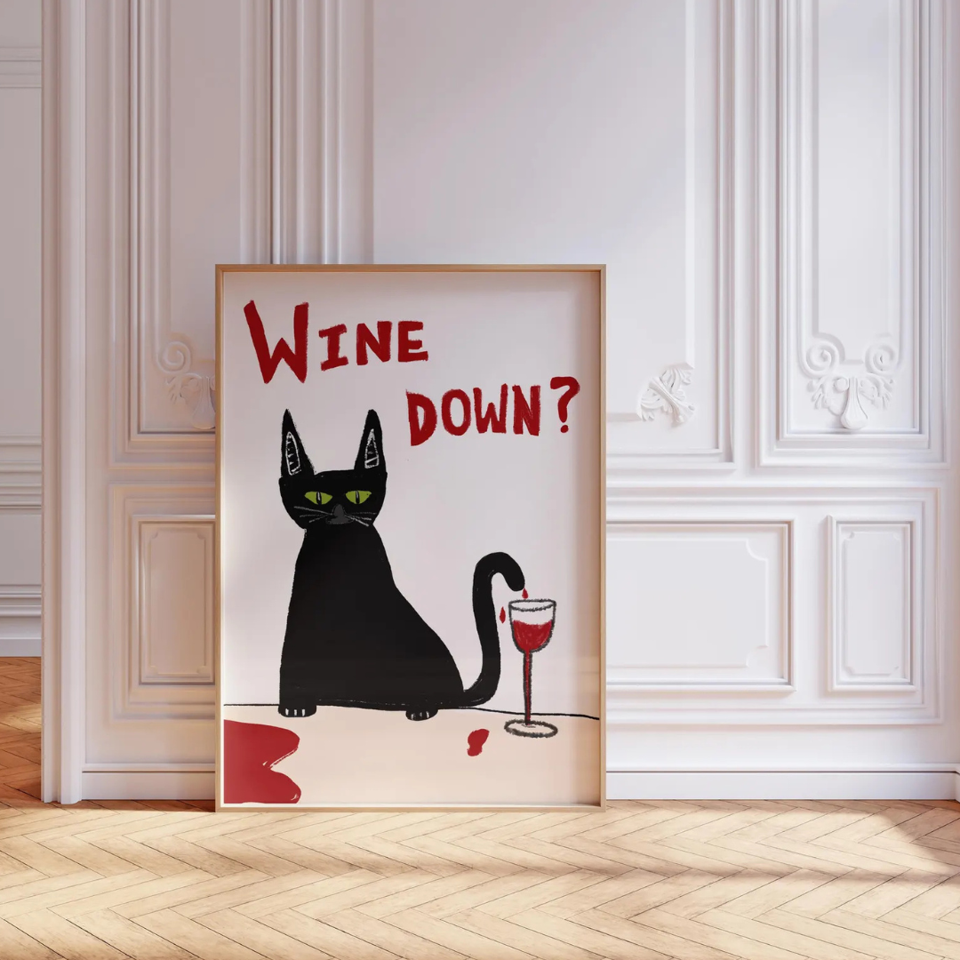 Cuadro Vino de gato negro, bonito póster ilustrado de moda I