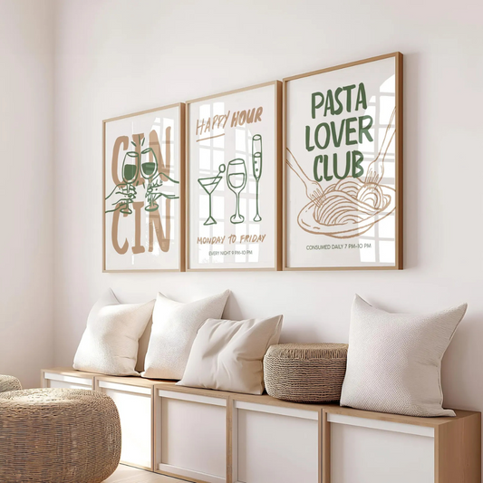 Set x3 Cuadros mural "Cin Cin Cheers", póster retro de cóctel "Happy Hour"