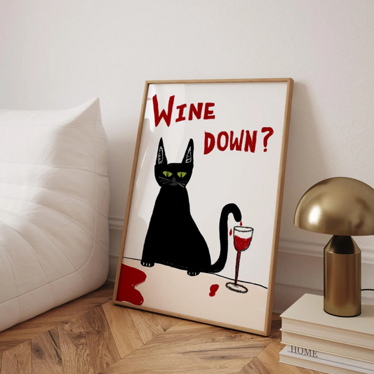 Cuadro Vino de gato negro, bonito póster ilustrado de moda I