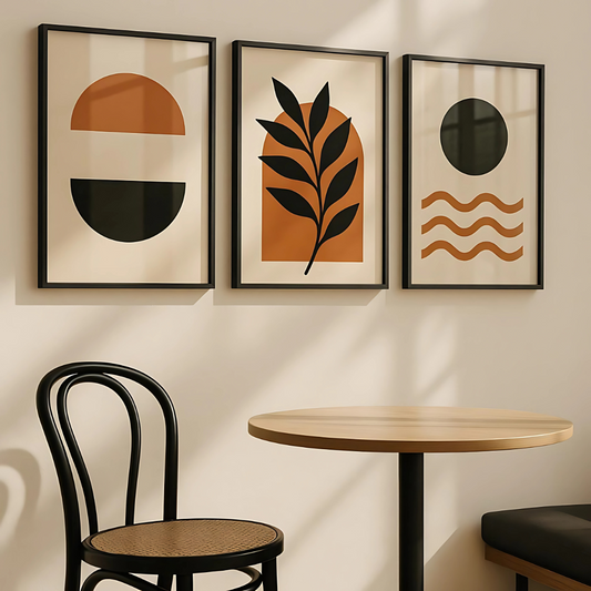 Set x3 Cuadros Decorativos Abstracto Formas Geométricas Y Planta En Colores Naranja Y Verde