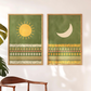 Set X2 cuadros Decorativo-Abstractos Sol Y Luna Fondo Verde