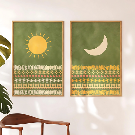 Set X2 cuadros Decorativo-Abstractos Sol Y Luna Fondo Verde