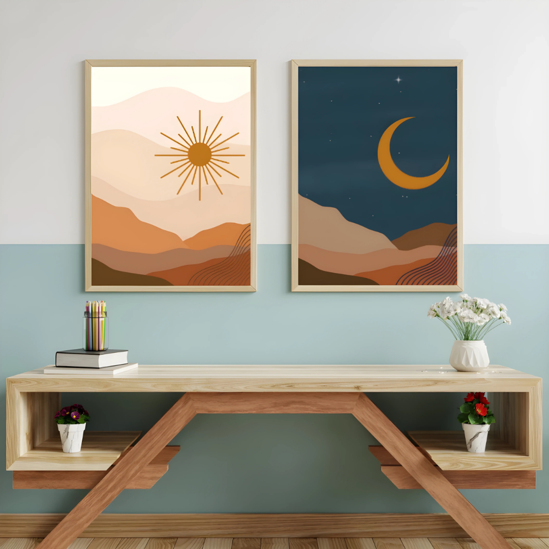 Set x2 Cuadros Decorativos Abstracto Sol y Luna Montaña Marron