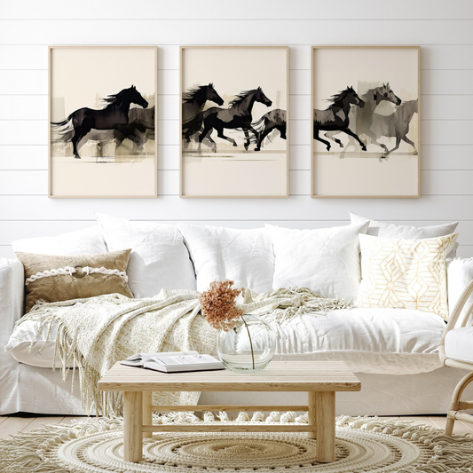 Set x3 Cuadros Decorativos arte mural con caballos corriendo