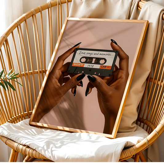 Cuadro Decorativo Musical Manos Sosteniendo Un Cassette "Love Songs And Memoris"