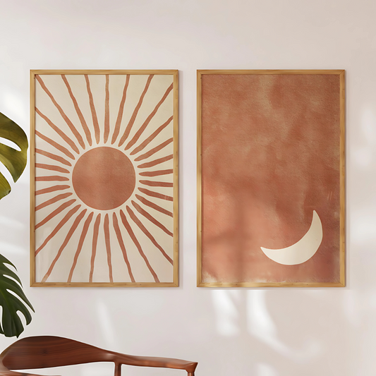 Set x2 Cuadros Decorativos Abstracto Sol Y Luna, Rojo y Blanco