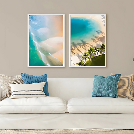 Set x 2 Cuadros Decorativos Playas Celestes Arena y Palmeras
