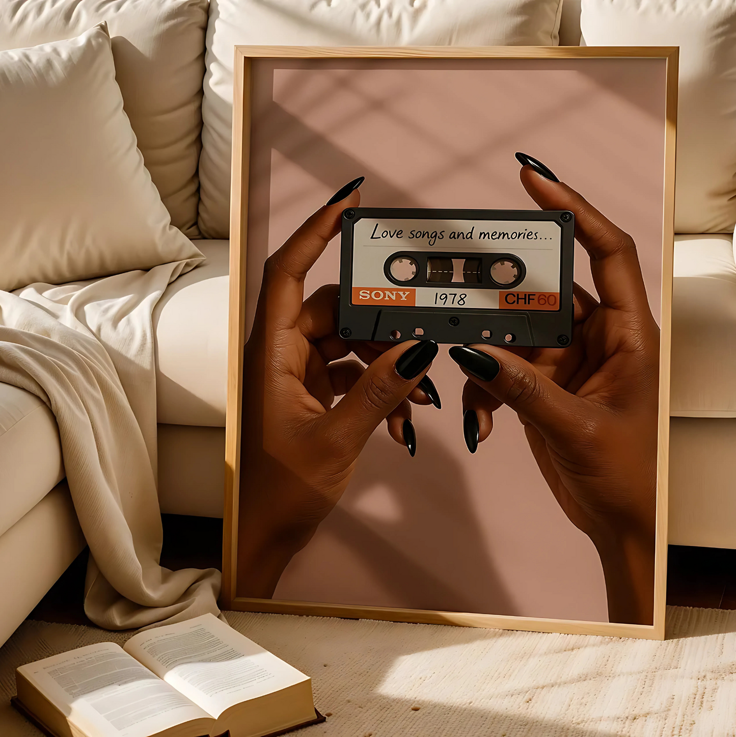 Cuadro Decorativo Musical Manos Sosteniendo Un Cassette "Love Songs And Memoris"