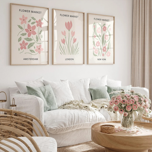 Set x3 Cuadros Mural floral en rosa ruborizado