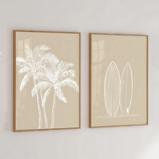 Set x 2 Cuadros Decorativo Abstracto Tabla De Surf y Palmeras Con Fondo Marron