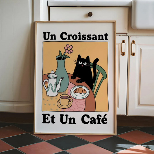 Cuadro Estampado de gato Un Croissant et Un Café