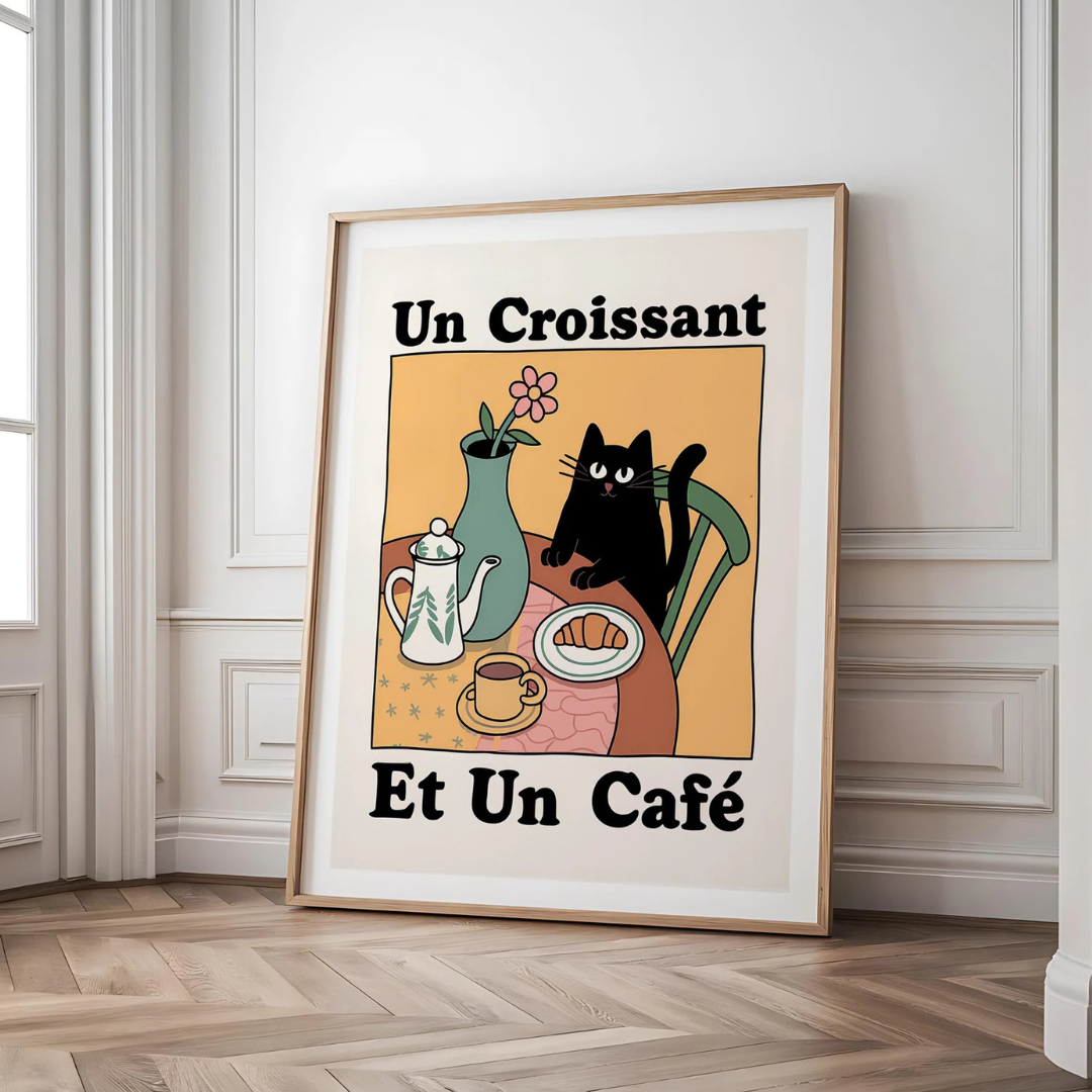 Cuadro Estampado de gato Un Croissant et Un Café