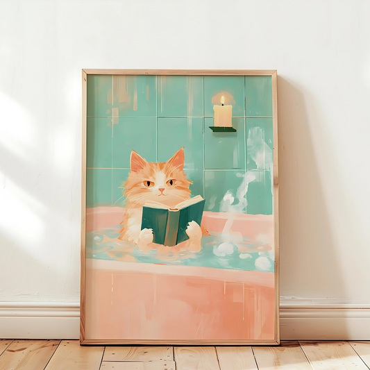 Cuadro Decorativo Gato Leyendo Libro Tomando Un Baño