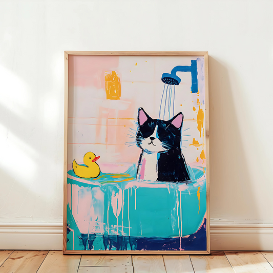 Cuadro Decorativo Gato Negro Baño Patito Amarillo