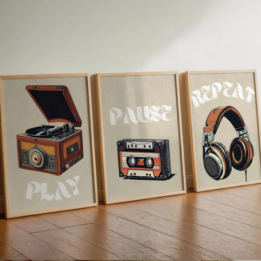 Set x3 Cuadros Decorativos  tocadiscos, casete y auriculares