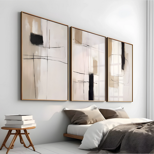 Set x3 Cuadros Decorativos Abstractos Cuadrados Y Rectángulos Negros Con Líneas Negras