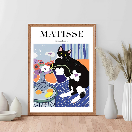 Cuadro Decorativo Gato Negro Y Blanco Acostado Matisse