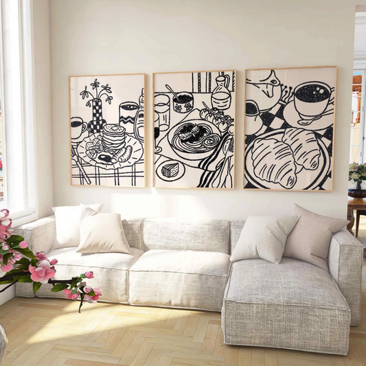 Set x3 Cuadros Decorativos Desayuno Café Dibujo I