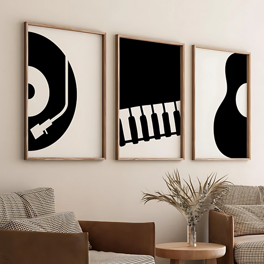 Set x3 Cuadros Decorativos Musicales Piano, Guitarra Y Toca Disco En Blanco Y Negro