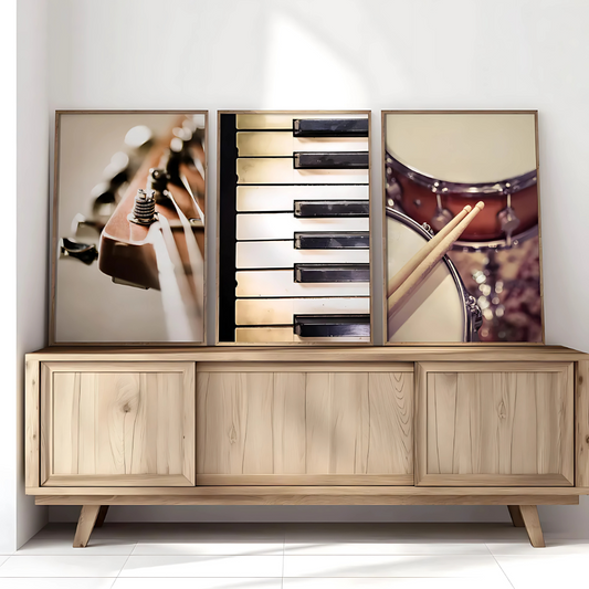 Set x3 Cuadros Decorativos Musical Fotos Realistas Guitarra, Piano Y Batería