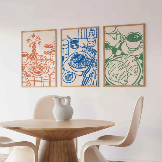 Set x3 Cuadros Decorativos Desayuno Café Dibujo