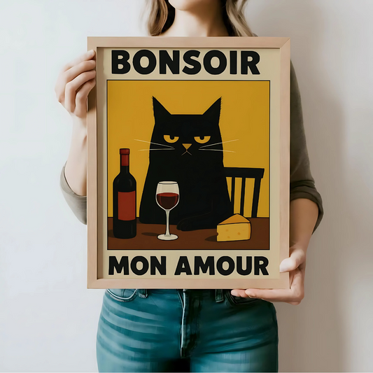 Cuadro Decorativo Gato Negro Vino Y Queso Bonsoir Mon Amour
