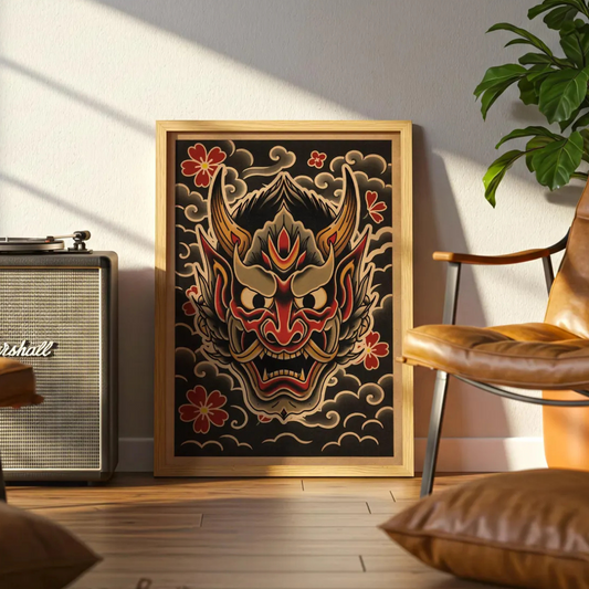 Cuadro Decorativo Tatuaje de máscara de oni, arte mural de demonio japonés