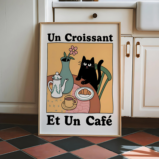 Cuadro Decorativo Gato Negro Un Croissant Et Un Café