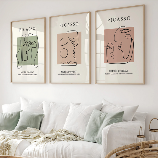 Set x3 Cuadros Decorativos Abstractos Picasso Caras En Fondo Rosa Y Verde