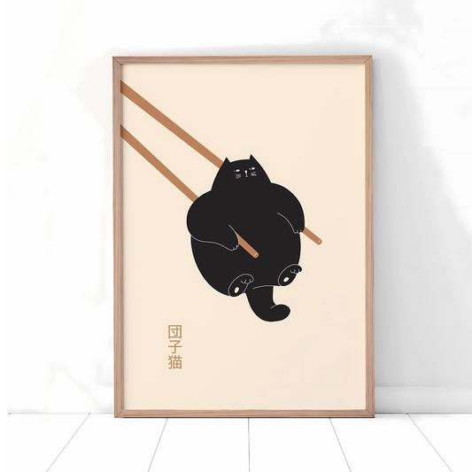 Cuadro Decorativo Gato Negro Gordo Palillos Chinos