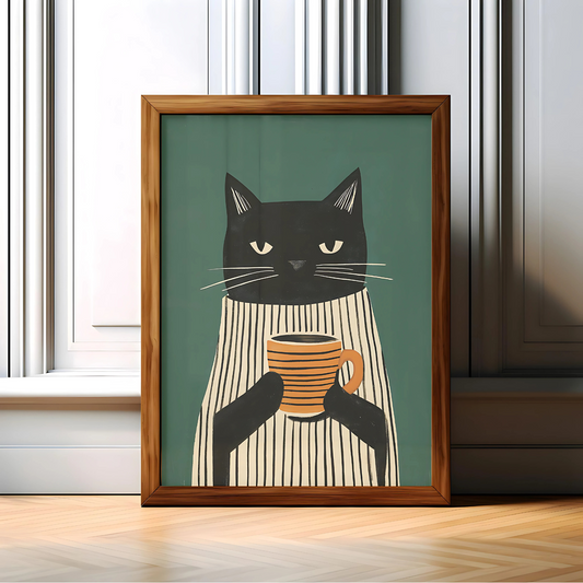 Cuadro Decorativo Gato Negro Vestido Tomando Café