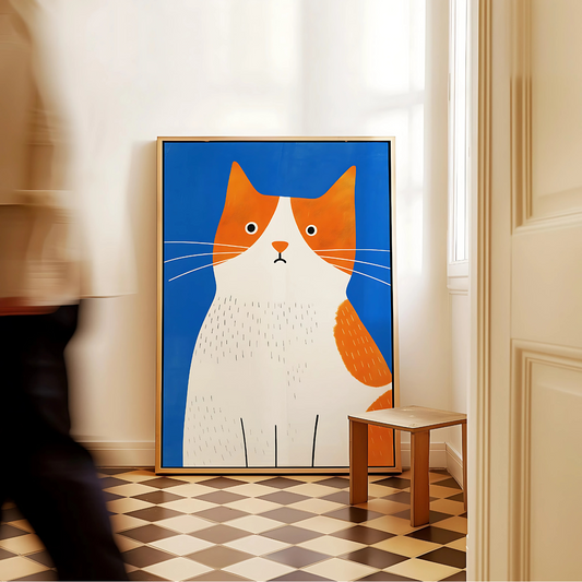 Cuadro Decorativo Gato Naranja Fondo Azul