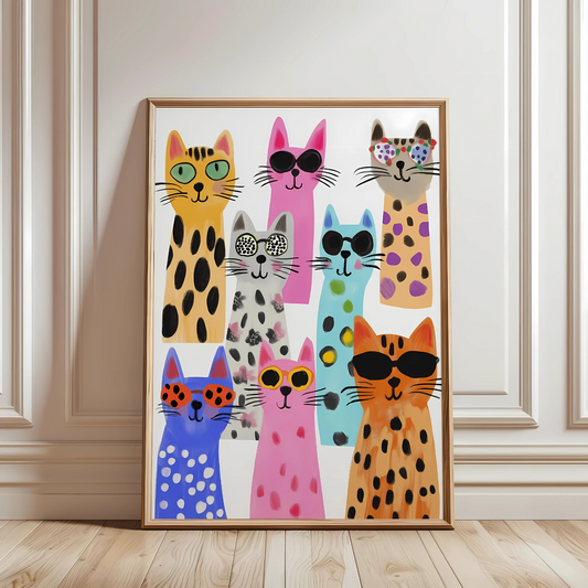 Cuadro Decorativo Gatos De Colores Fondo Blanco