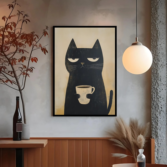 Cuadro Decorativo Gato Enojado Tomando Café